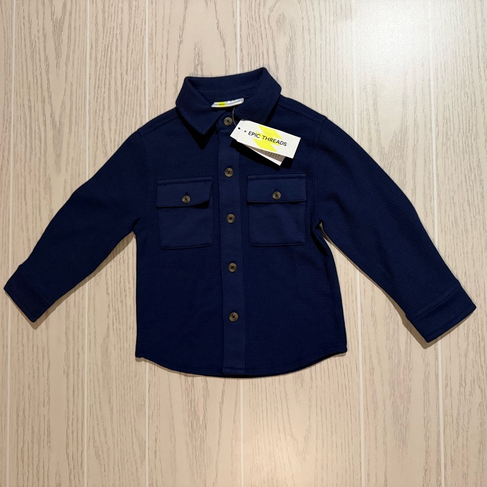 Epic Threads Toddler Boys Size 2T Blue Waffle Knit Long‎ Sleeve Button Up NEW